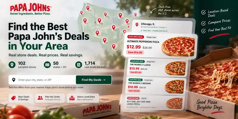 Papa John's store-level deals finder showing location-based deals, savings, and order-fit options